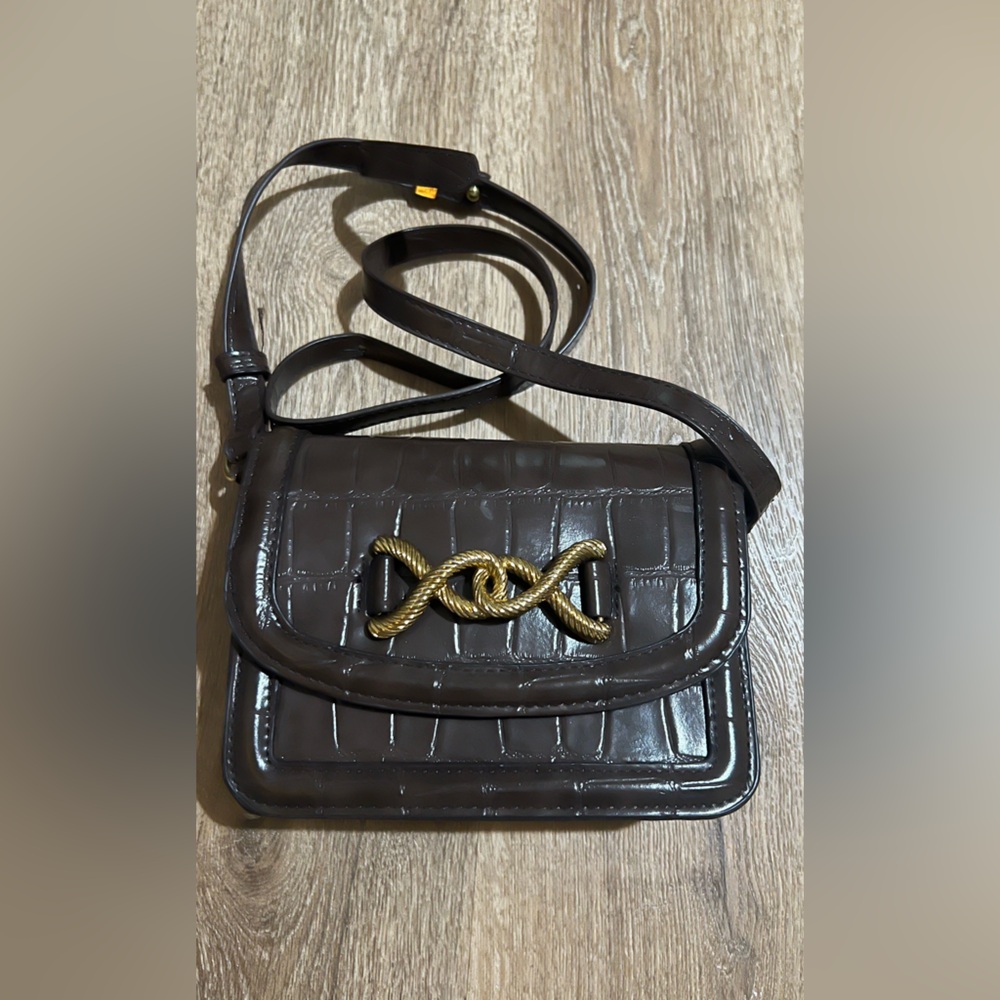 Brown Croc-Embossed Crossbody Bag with Gold Knot Accent